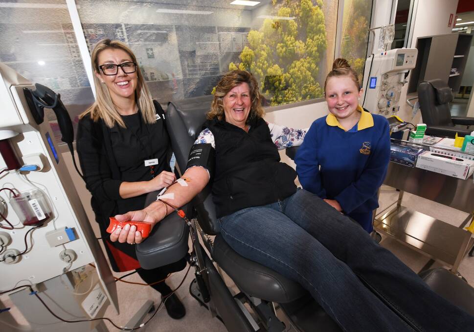 Lifeblood nurse Janine Crowell, donor Jo McCulloch and Chloe Brown. Picture by Gareth Gardner