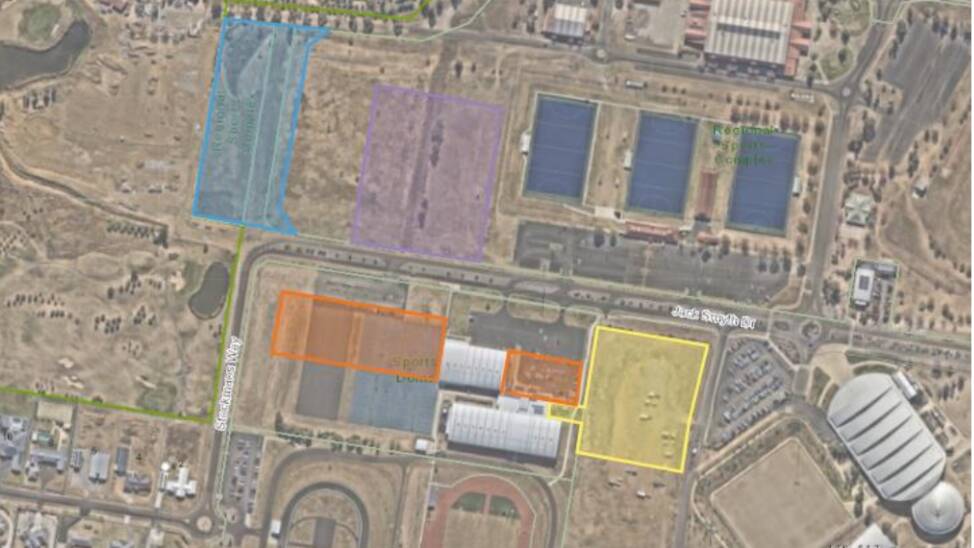 The recommended site (purple) is west of the hockey fields. Picture by Tamworth Regional Council