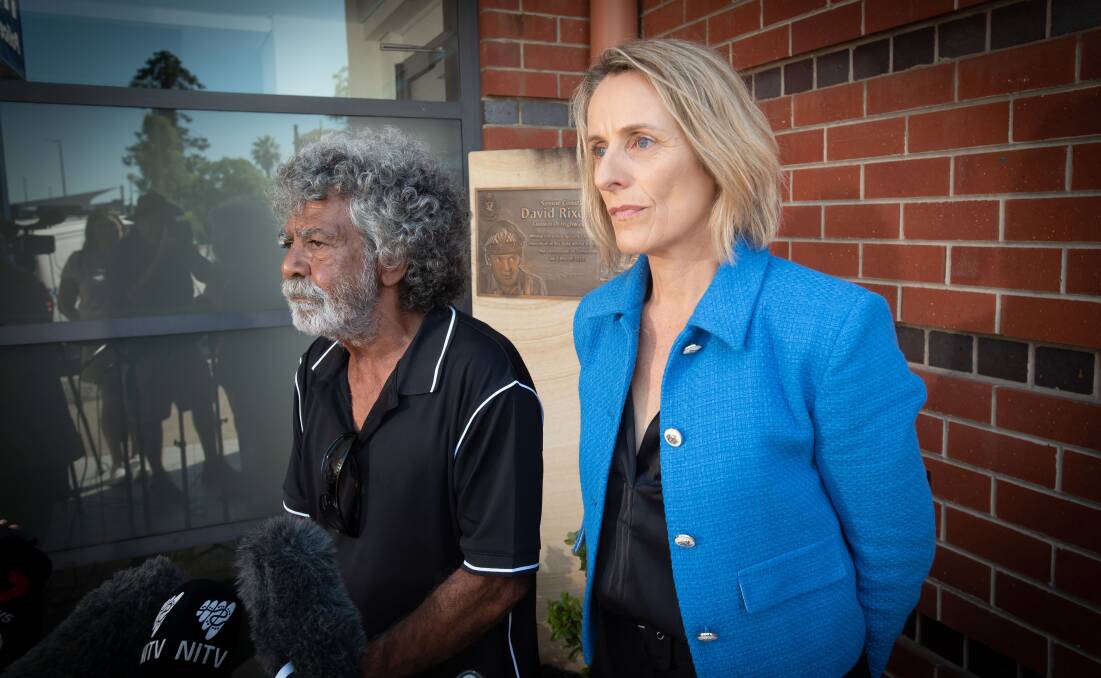 Don Craigie and NSW Upper House MLC Sue Higginson outside the Tamworth Police Station on the 35th anniversary of Mark Anthony Haines' death. Picture by Peter Hardin