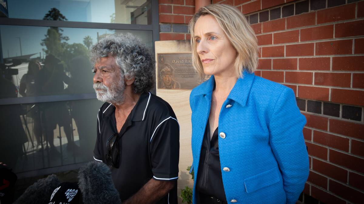 NSW Upper House MLC Sue Higginson with Don Craigie outside the Tamworth Police Station. Picture by Peter Hardin