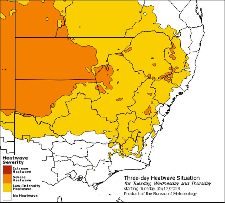 Heatwave Situation for 3 days starting Tuesday 5th December 2023. Picture by Bureau of Meterology
