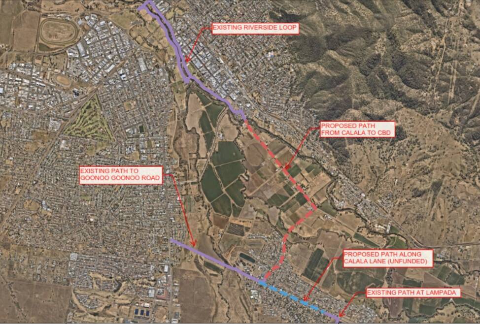 The proposed route, and existing pathways in the Calala and CBD area. Picture by Tamworth Regional Council