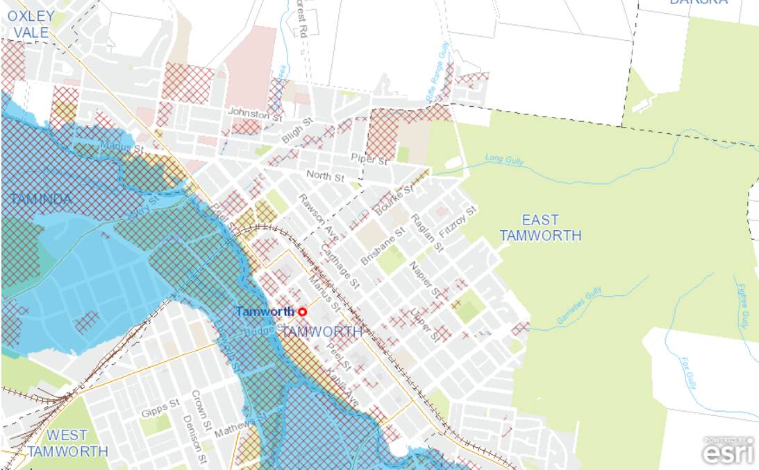 A map indicating which houses in East and North Tamworth have been included in council's flood risk zone. Picture by Tamworth Regional Council