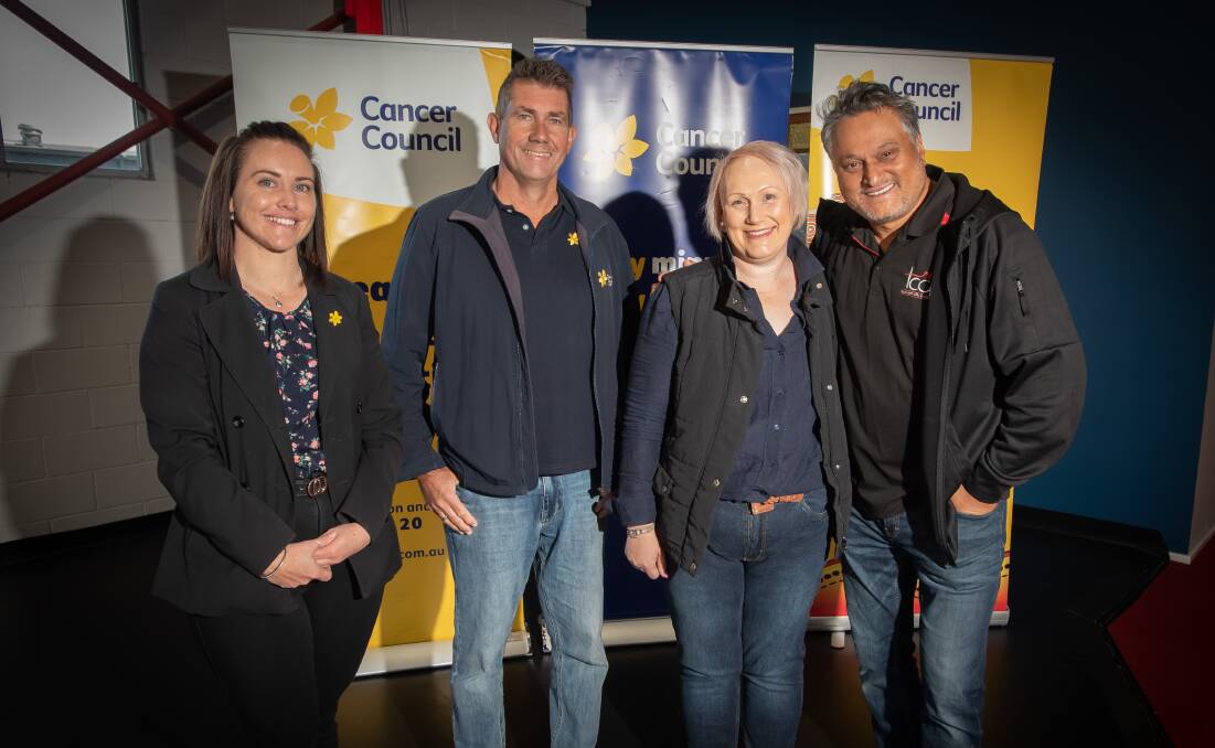 Cancer Council's Sarah Mayo-McCowen and Paul Hobson, star Kylie Newlan and Tamworth City Dance Academy's Paul Singh. Picture by Peter Hardin