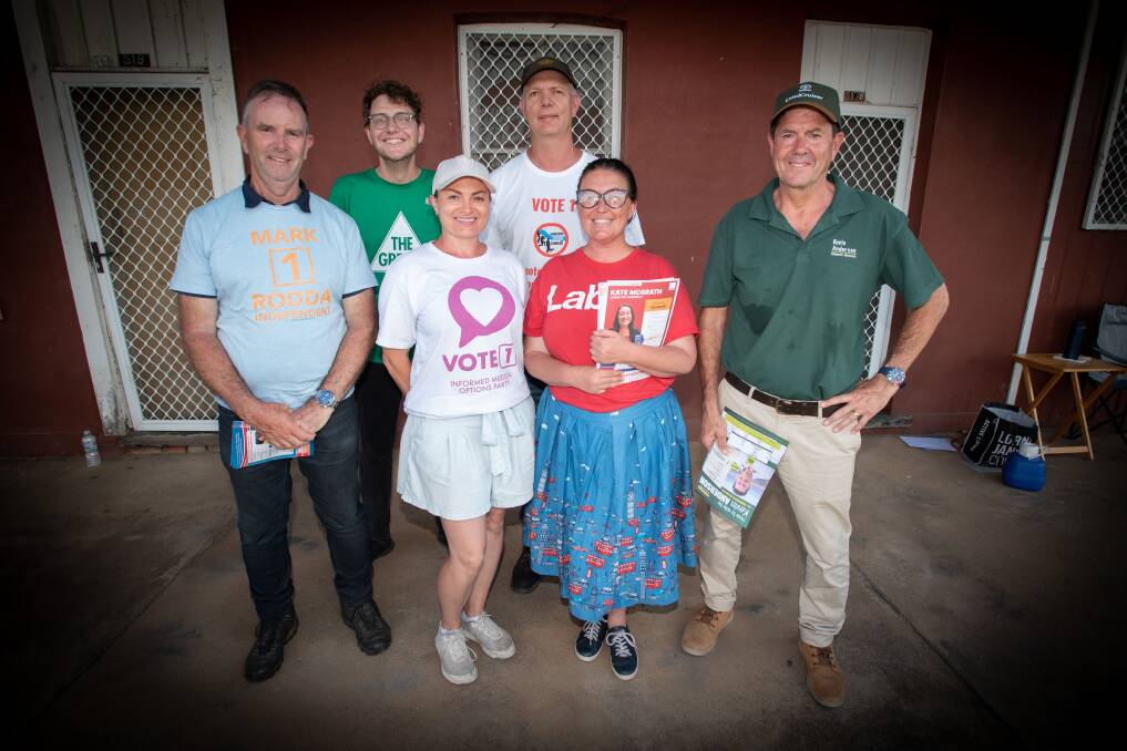 Six of eight candidates for the Tamworth seat showed up to hand out flyers at the pre-polling booths on Thursday, March 23. Picture by Peter Hardin