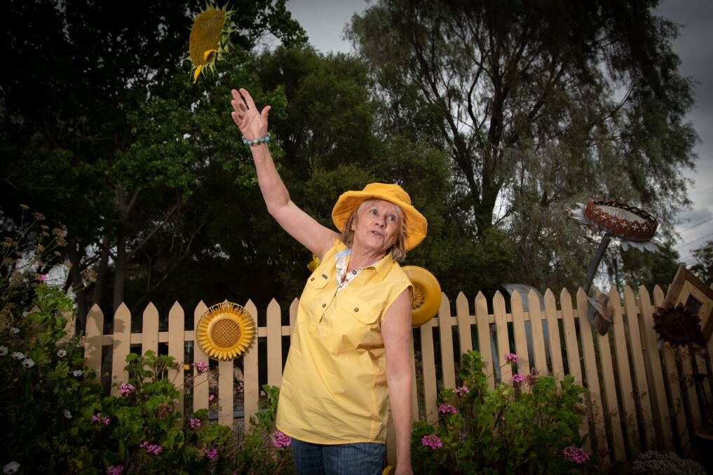 Sandra Saunders practises her sunflower throwing technique. Picture by Peter Hardin