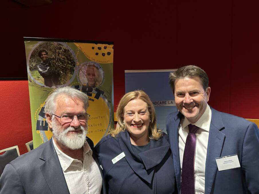 Tamworth Regional Landcare Association president Wayne Chaffey with chair of Landcare NSW Stephanie Cameron and member for Tamworth Kevin Anderson. Picture supplied