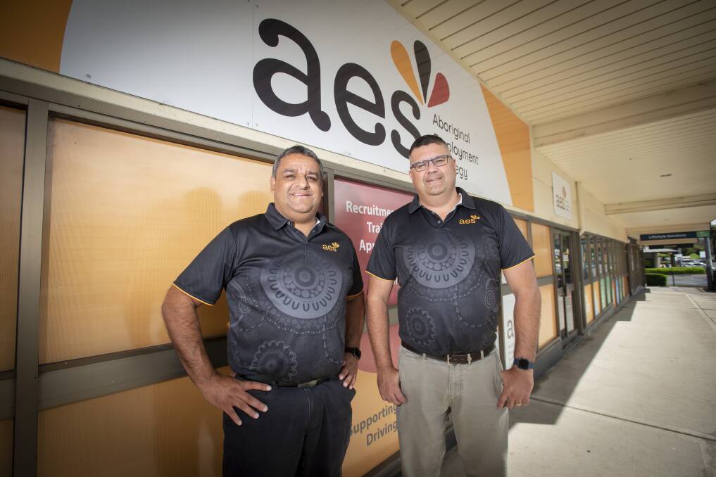 Jason Smith and Damien Allan outside the Aboriginal Employment Strategy office in Tamworth. Picture by Peter Hardin