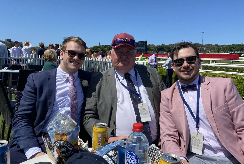Pat Lonergan, centre, sits between Tom Say, left, and Trent Ether at Royal Randwick on Everest Day. Picture supplied