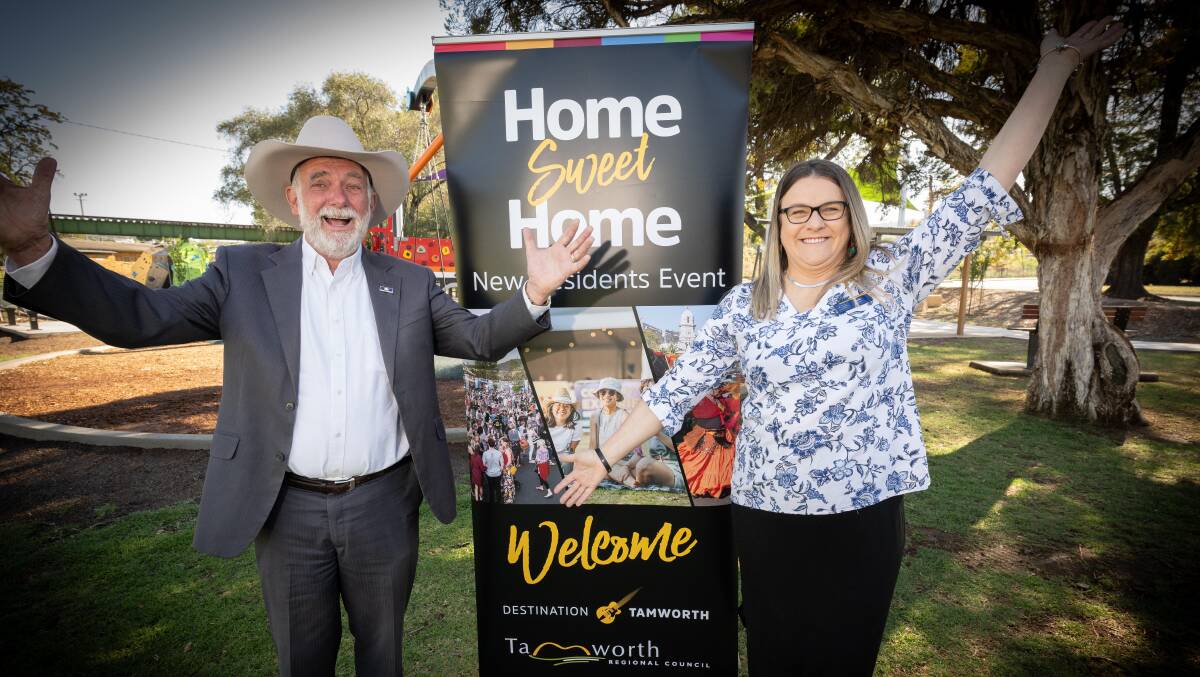 Tamworth Regional Council mayor Russell Webb, left, with Natasha Little wants to help welcome newcomers to Australia's best regional city. Picture by Peter Hardin
