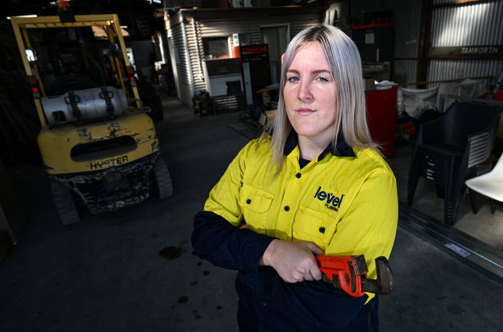 As an apprentice plumber at Level Plumbing in Tamworth, Caitlyn Wilson is among just three per cent of women working in trades in Australia. Pictures Gareth Gardner