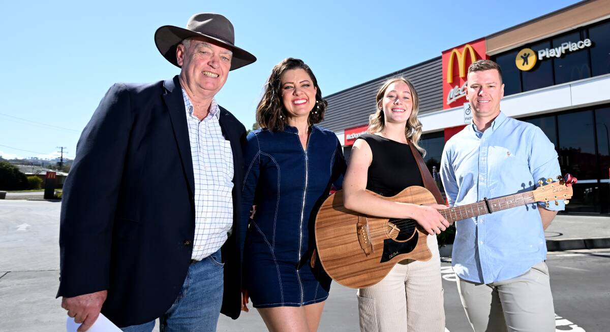 Tamworth Country Music Festival (TCMF) manager Barry Harley, left, with TCMF 2023 Golden Guitar winner Amber Lawrence, Golden Gig 2023 runner up Imogen Hall, and the sponsor of the Golden Gig event; McDonald's Adrian Sippel. Picture by Gareth Gardner