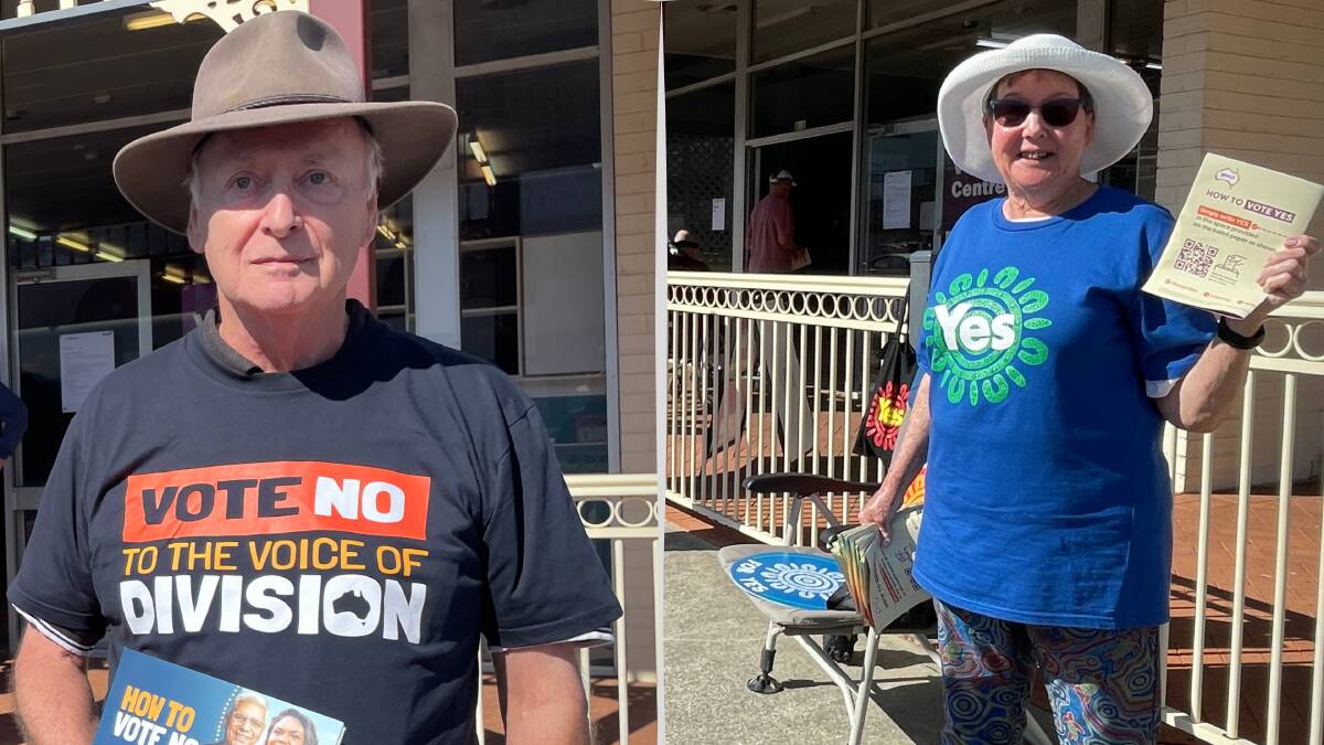 Opposite sides of the footpath outside the polling station on 515 Peel Street in Tamworth on Voice to Parliament referendum day: Rob Nicholls, left, and Rosalind Jones. Picture by Rachel Gray