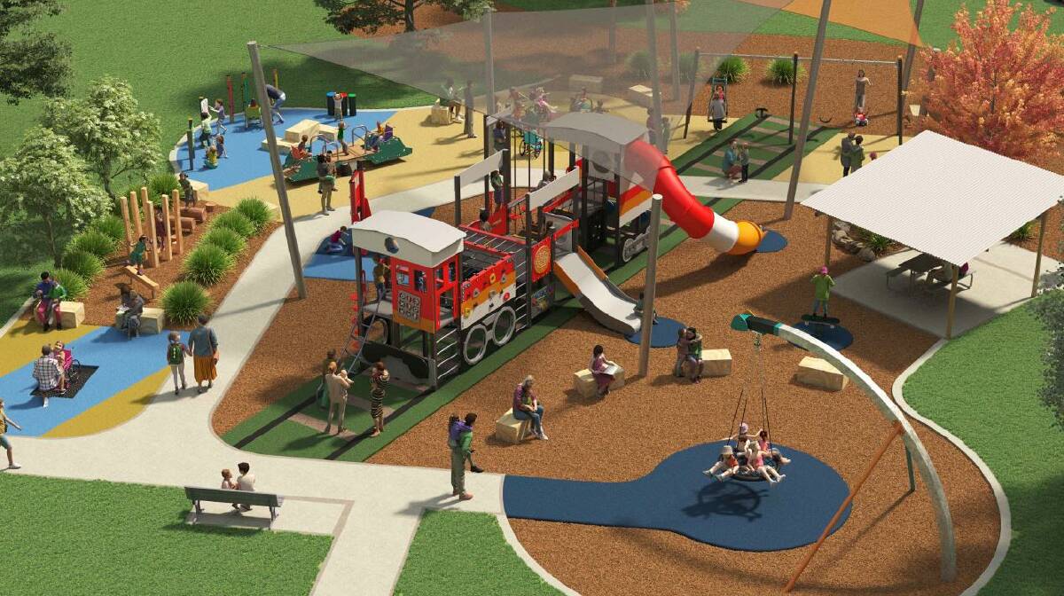 An artist's impression of what the train-themed playground will look like once it is built at Viaduct Park in time for the winter school holidays. Picture supplied