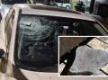 A four kilogram rock (inset) was allegedly thrown into the windscreen of a car passing below (main image). Pictures by NSW Police