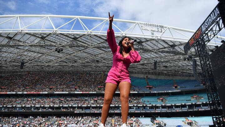 Jessica Mauboy performs during the Fire Fight Australia bushfire relief concert at ANZ Stadium in 2020. Picture AAP Image/Joel Carrett

