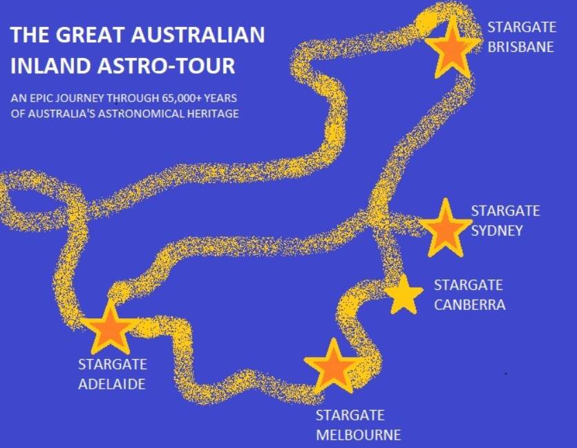 A rough illustration of the Big Skies Inland Astro-Tour, with 'stargate' launching pads in Brisbane, Sydney, Canberra, Melbourne, and Adelaide. Picture supplied by Merrill Findlay