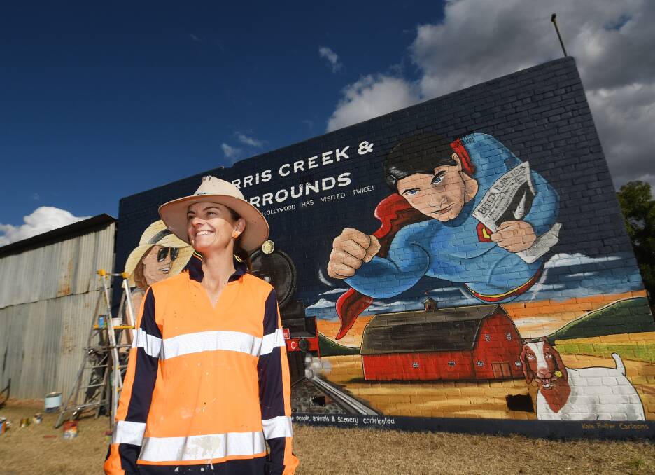 Werris Creek cartoonist Kate Rutter hopes her new mural depicting her hometown's cinematic history will encourage people to visit. Picture by Gareth Gardner