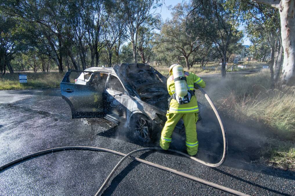 The RFS responded to calls of a car fire on the New England highway on Monday, May 27. Picture by Peter Hardin