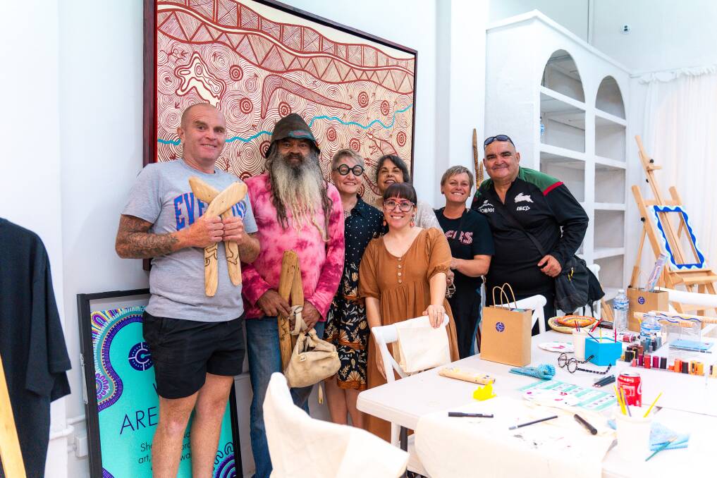 Artists Nathan Trewlynn and Pepe Trewlynn with Rachel Wells, artist Waabii Chapman-Burgess (back), Indigico Creative founder and director Amy Allerton (front), Lyniece Keogh, and artist Bill Trewlynn. Picture supplied by Amy Allerton