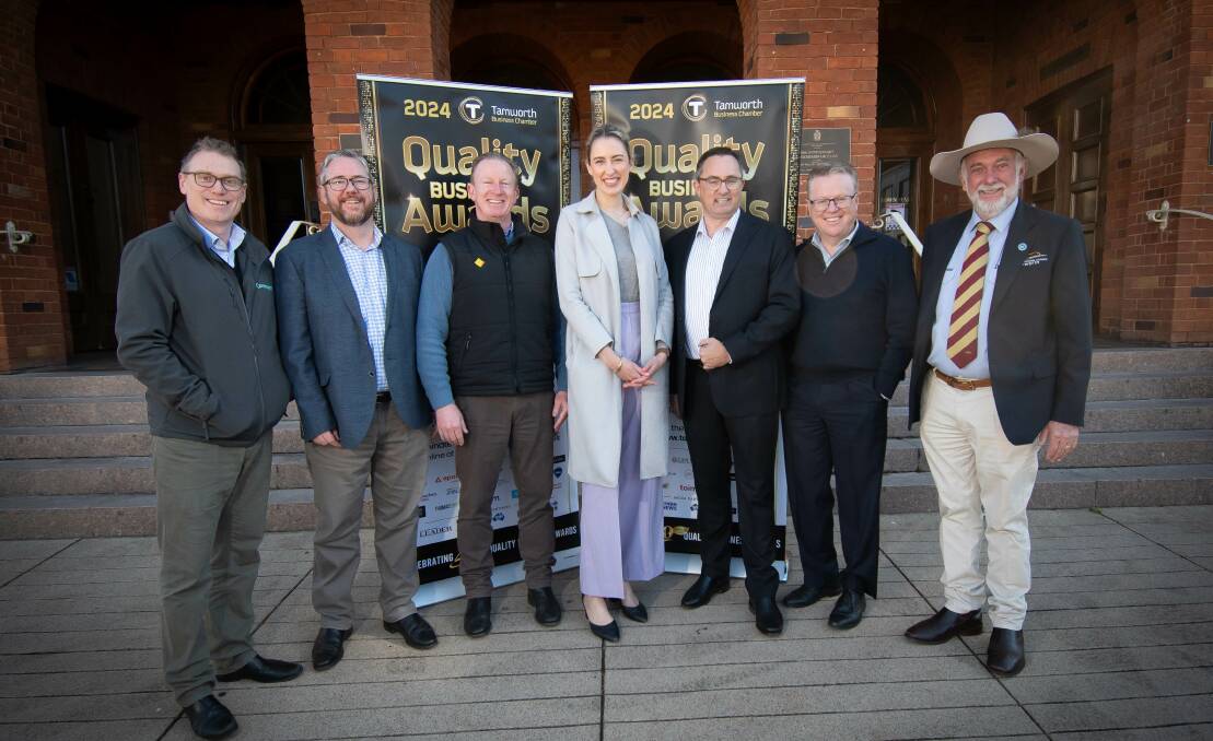 Tamworth Business Chamber board members Martin Howes, Llewellyn Owens, Craig Clarke, Katherine Sherrie, and Matthew Sweeney with Tamworth Regional Council general manager Paul Bennett and mayor Russell Webb. Picture by Peter Hardin