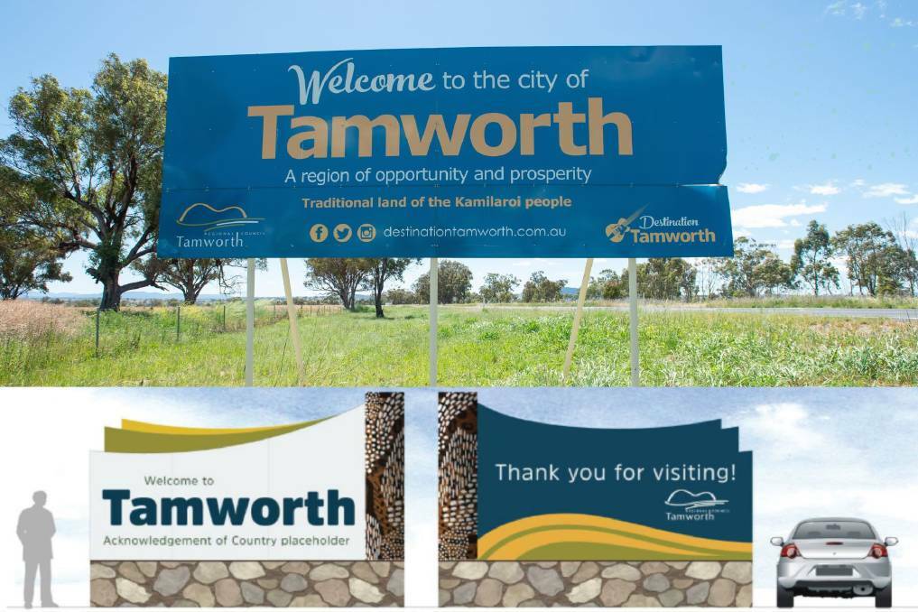 Tamworth's welcome sign could soon be replaced by a monument like the one rendered below. Picture by Peter Hardin and render supplied by Tamworth Regional Council