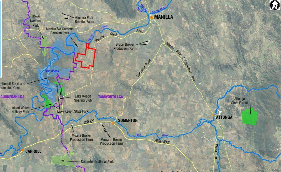 The poultry farm, marked in red, is located about 20 kilometres north of Somerton and 18 kilometres west of Manilla. Picture file