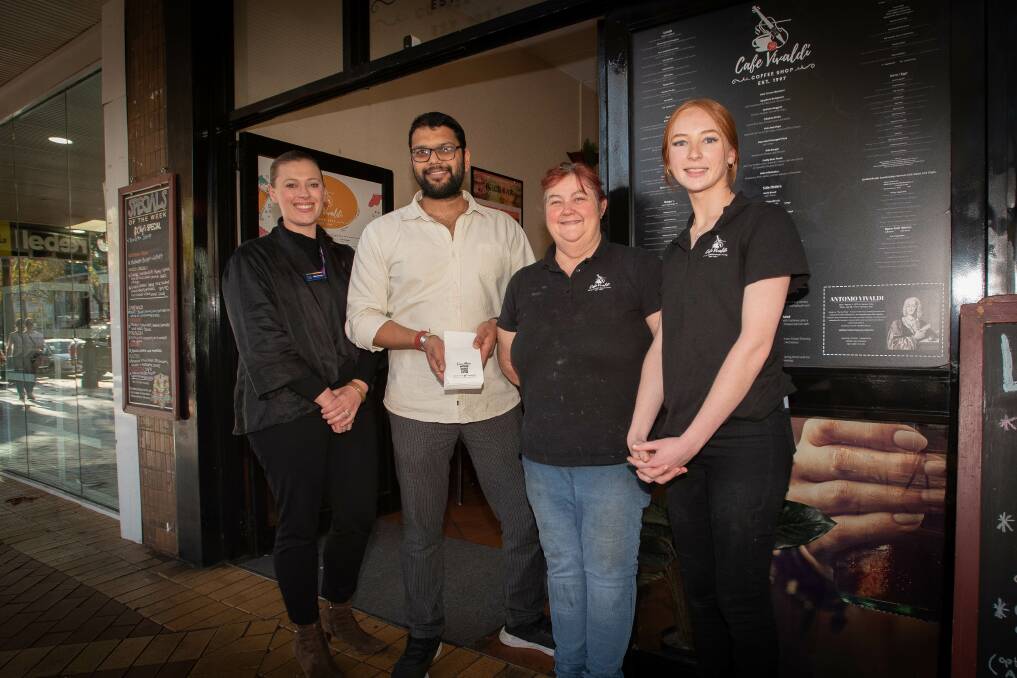 Tamworth council's Biancia Mayer with Vivaldi Cafe's Dinesh Goyal, Donna Bradney and Bianca Hawes. Vivaldi's patrons "almost doubled" over the long weekend. Picture by Peter Hardin