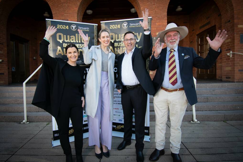 She's My Travel Agent's Lou Brock, Tamworth Business Chamber board member Katherine Sherrie and president Matthew Sweeney, and Tamworth mayor Russell Webb launch the 2024 Tamworth Quality Business Awards. Picture by Peter Hardin