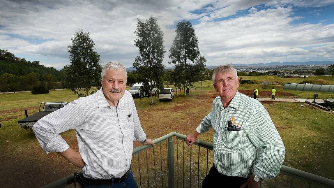 Tamworth Regional Astronomy Club president Garry Copper and member Phil Betts at the site of the city's new observatory before it was built in 2019. File picture by Gareth Gardner