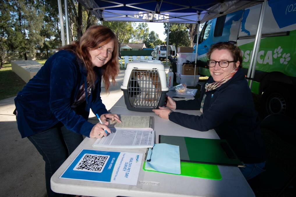 Sandra Gehrig and Sarah Cosier giving Garfield the cat a check-up. Picture by Peter Hardin