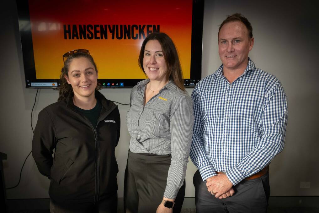 Hansen Yuncken project engineer Claire Betteridge, bid and marketing manager Tessa Sharpe, and project manager Josh Crilley. Picture by Peter Hardin