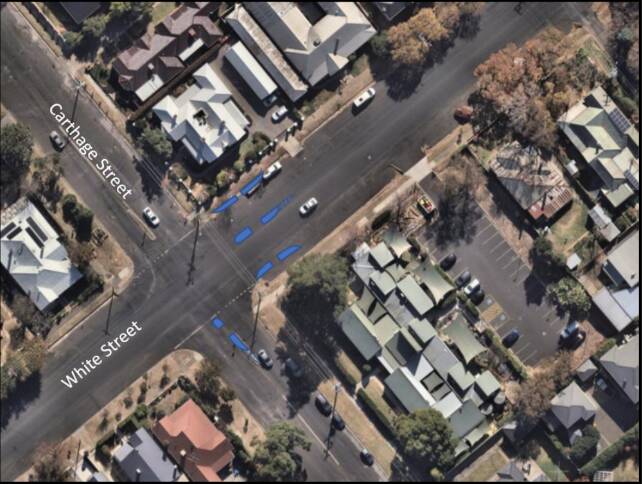 Pedestrian refuges, kerb blisters and line marking at the intersection of White and Carthage Street, East Tamworth. Picture supplied by Tamworth Regional Council