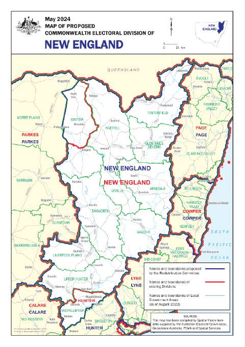 A map of the proposed electoral division of New England which would include all of Gwydir and Musswellbrook. The red lines mark the existing boundaries and the white area is the proposed land mass. Picture supplied by AEC Media.