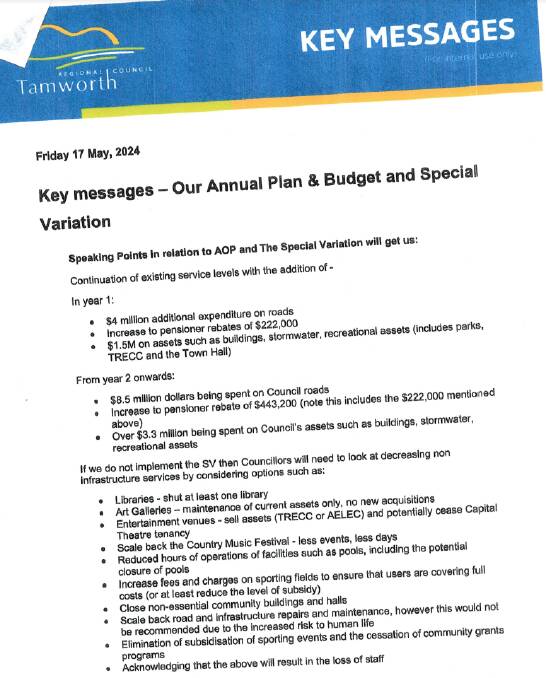 The document of 'key messages' lists specific items increased rates revenue would go towards including $4 million on roads and $1.5 million on buildings, stormwater, parks, the TRECC, and the Town Hall. Picture supplied