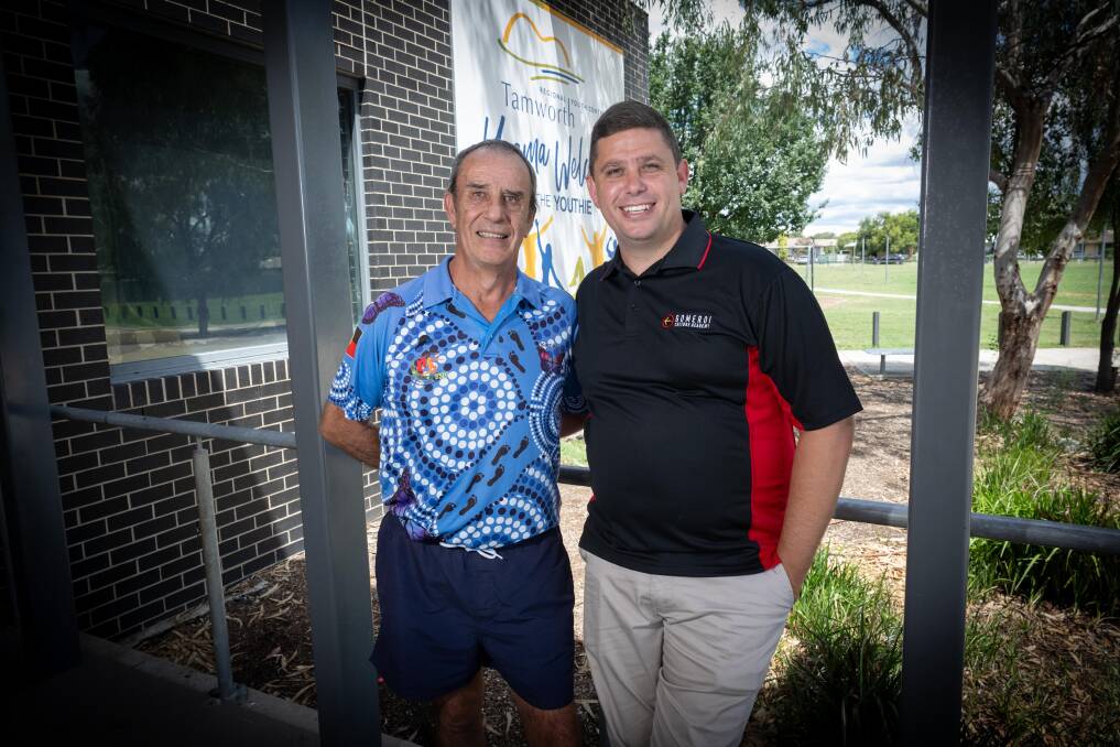 Brad Sutherland and one of his sons Marc, who has followed in his father's footsteps by founding the Gomeroi Culture Academy. Picture by Peter Hardin