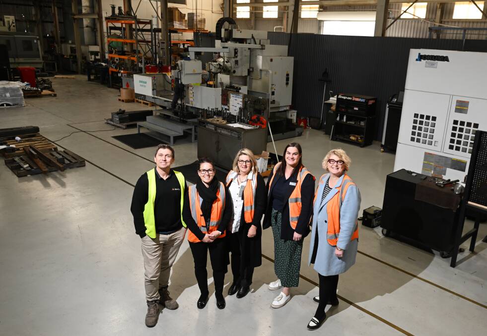 Apollo Engineering Managing Director Dave Errington, Belmore Engineering Admin and Finance Manager Emma Carrigan, Training Services NSW Skills Broker Ginny Fenwicke, Training Services NSW Senior Project Officer Karly Brogan, and Obieco Industries head of HR Fiona Sweeney.