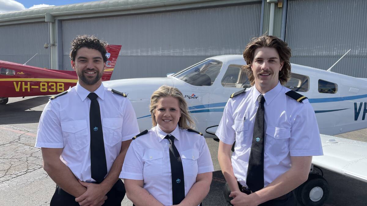 Three of the 16 new aviation students ready to start classes at the Tamworth branch of Sydney Flight College on Monday, July 22: Bailey Clark, Kirsten Wigren, and James Arthur. Picture by NDL
