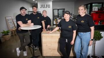 Meet the team who will man the counter at Miss Juju's reopening: co-owner Garron Pannan with staff member Eli Pike, Rikki-Lee Allwell, co-owner Vong Pannan, and Zoe Mulligan. Picture by Peter Hardin