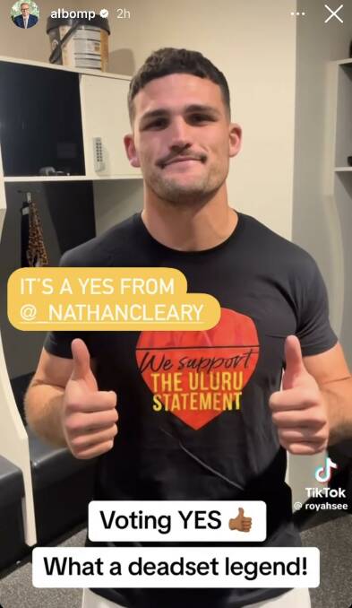 NRL star Nathan Cleary shows his support for the upcoming Indigenous Voice to Parliment Consitutional Referendum. Picture Instagram