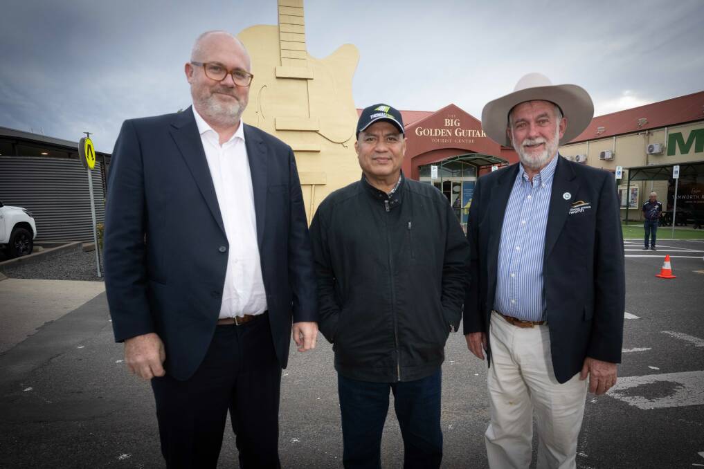 Australian government Assistant Minister for Trade Tim Ayres, Prime Minister Hon. Feleti Teo, and Tamworth mayor Russell Webb show the delegation party around Tamworth's main sites, including the Golden Guitar. Picture by Peter Hardin