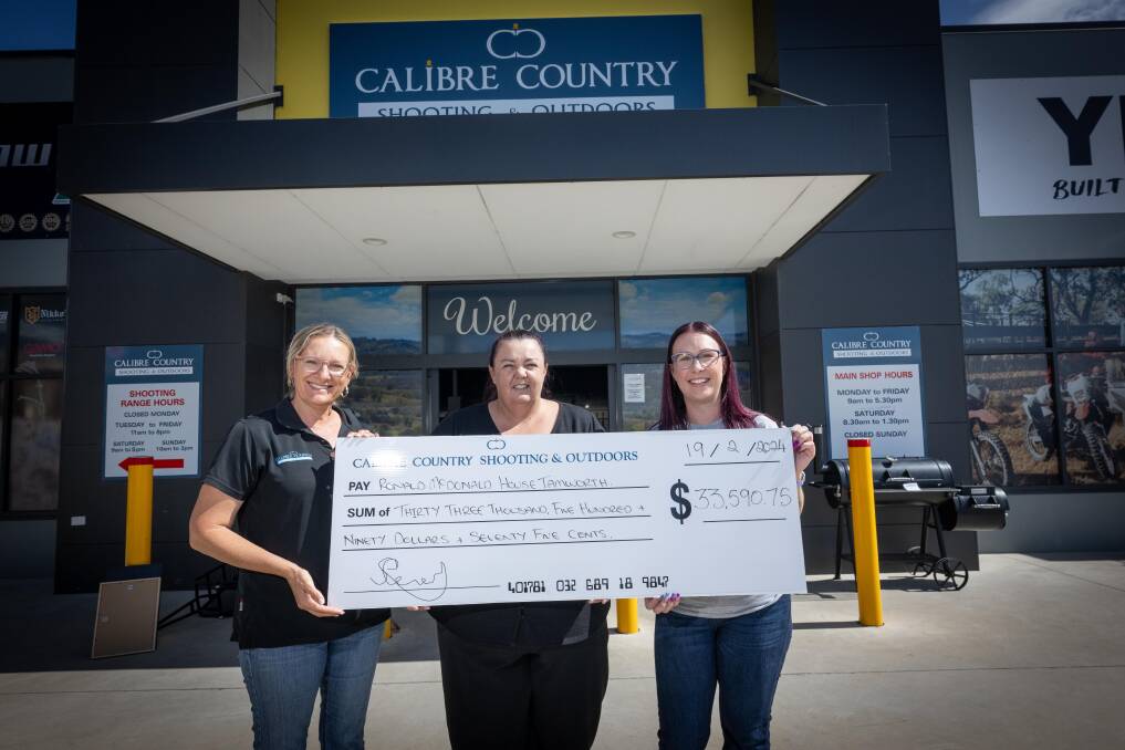 Calibre country co-owner Jodie Mearns, Jodie Gaffney from Ronald McDonald House and Calibre country office coordinator Sophie Hughes with the cheque. Picture by Peter Hardin