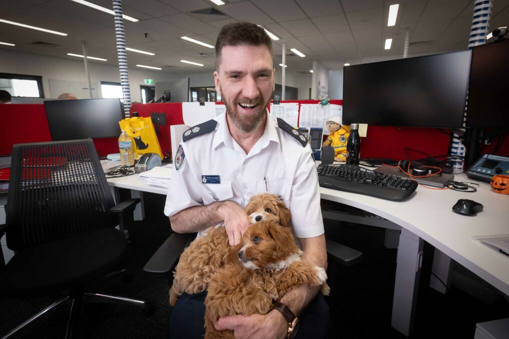 Tamworth District RFS officer and dog owner, Phillip Brunsdon with the two re-cutes Winston and Lucy. Picture by Peter Hardin