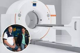 The $2 million PET scanner has been long-awaited by Tamworth cancer survivor Gary Norman and Cancer Council community coordinator Paul Hobson. Picture supplied and inset by Peter Hardin. 