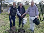 Tamworth Toyota City Principal Dealer Tim Easy, TRC Mayor Russell Webb, and Chairman of Oxley Community Transport Board Ray Tate plant the first tree in the new community garden. Picture by NDL