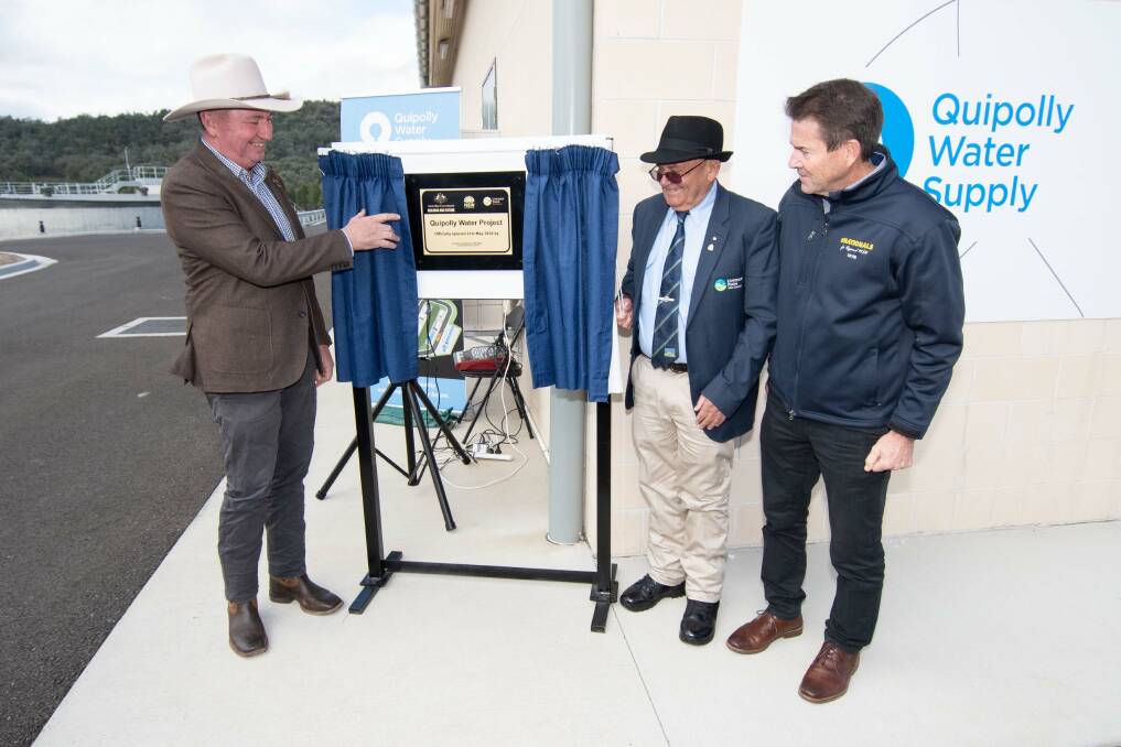 Quipolly Water Treatment plant officially opened by New England MP Barnaby Joyce, Liverpool Plains Shire mayor Doug Hawkins and Tamworth MP Kevin Anderson. Picture by Peter Hardin