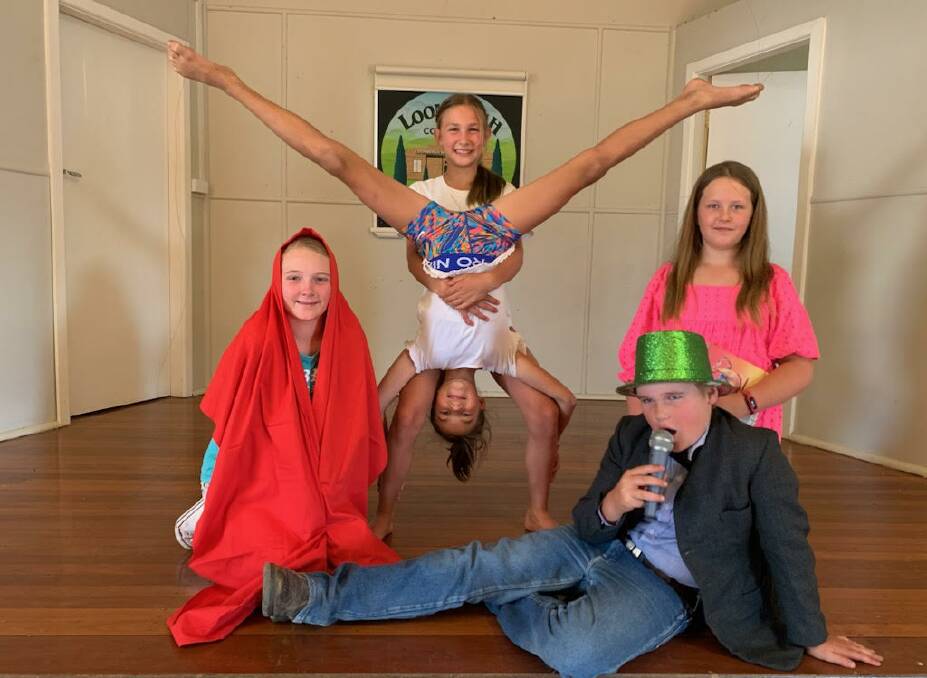 Loombera teens Lara Tongue, gymnasts Zoe Gentle (standing), with Georgie MacKenzie (behing held), Chloe Squires and Ryan Tongue put in some last minute practice before the Loomberah's Got Talent event on Friday, October 27. Picture supplied