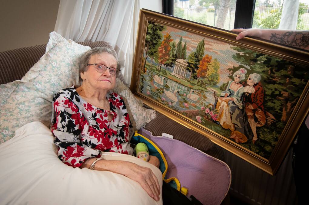 Nazareth House resident Greta Goodman, 83, with one of her tapestries which will be entered into the inaugural Nazareth Prize. Picture by Peter Hardin