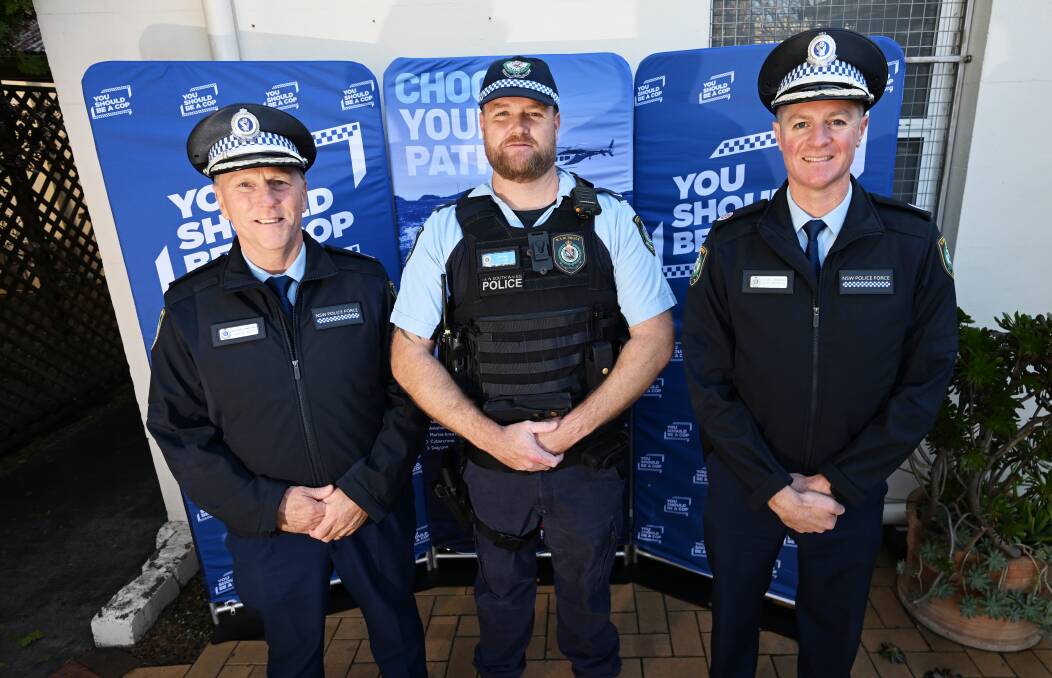 Assistant Commissioner Gavin Wood, Constable Jack Fenn, and Assistant Commissioner Greentree launched You Should Be a Cop in Your Hometown and Youth Program in Tamworth. Picture by Gareth Gardner