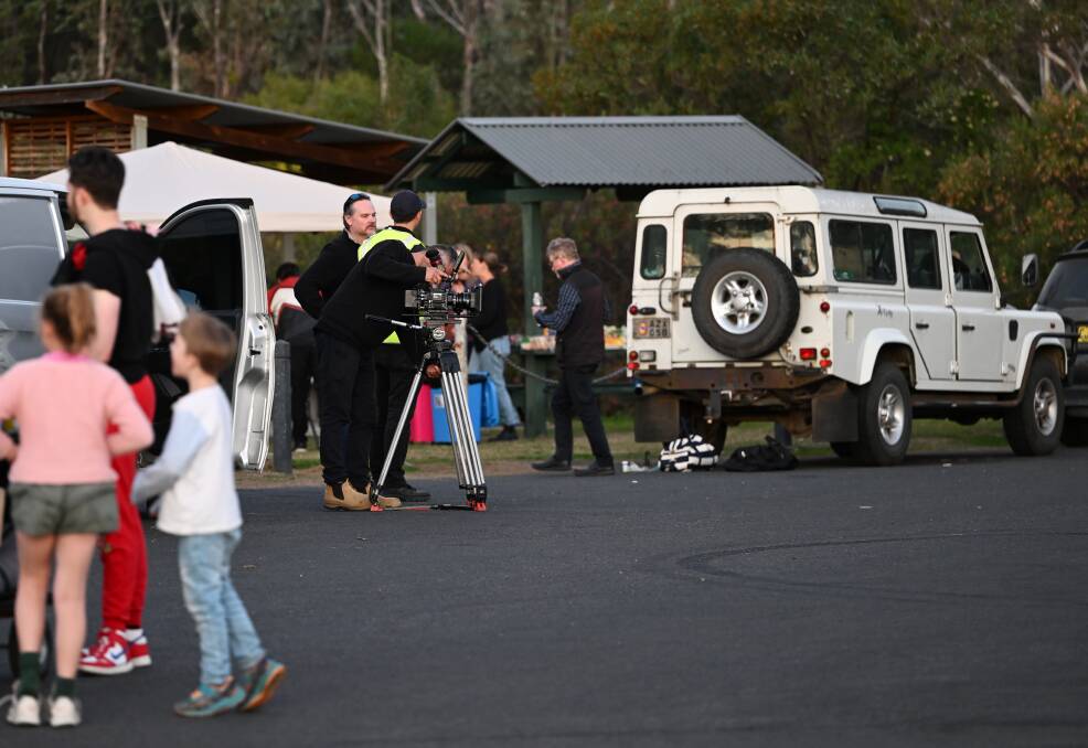 Cast and crew from the independent psychological thriller, Girl in the Shadows, shoot a pivotal scene from 5pm through to the early hours of Thursday morning on the road to Oxley Lookout in Tamworth. Pictures Gareth Gardner 